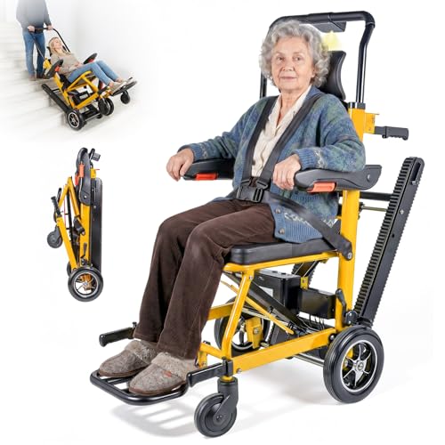 Elektrischer Treppensteiger Rollstuhl Faltbar mit Gummikette, 200KG Elektrischer Treppenlift Stuhl, Rollstuhl Faltbar Treppen Mobilitätshilfe mit LED, Medizinische Rettungstrage für Senioren (Gelb)