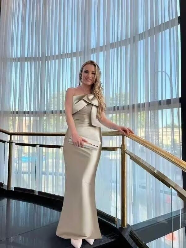 One Shoulder Bow Satin Prom Dresses Gowns for Women Sexy Long Mermaid Bridesmaid Wedding Guests Dress - Image 4