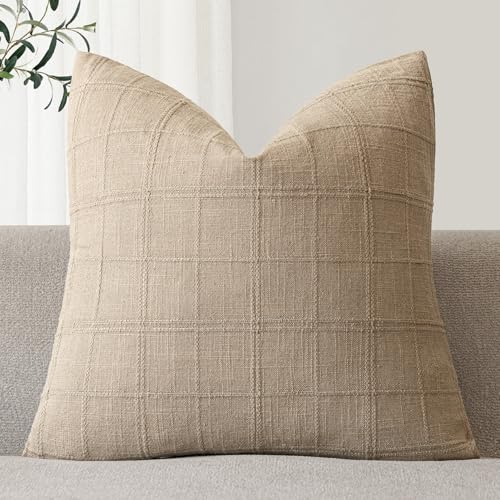 Image of Foindtower Set of 1 Decorative Linen Check Throw Pillow Cover Neutral Farmhouse Vintage Cushion Cover Modern Coastal Boho Home Decor for Sofa Chair Couch Bedroom Living Room,20x20 Inch,Camel