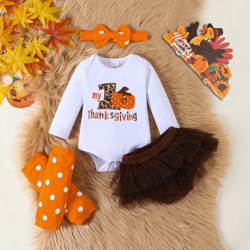 Newborn Baby Girl My 1st Thanksgiving Outfit Romper Top, Mesh Short Pants, Leg warmers with Headband Clothes Set2