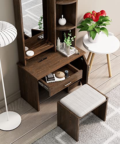 Image of Bniture Dressing Table for Bedroom with 1 Drawer, Mirror and Huge Storage Space with Stool | Long Dresser Vanity Table with Mirror(40D x 68W x 175H CM, Flower Wenge)