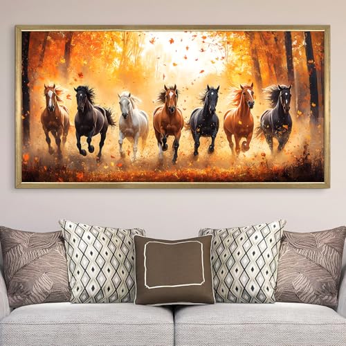 Image of PAPER PLANE DESIGN Seven Running Horses HD Canvas Print Wall Art - Premium Vastu Golden Box Frame With Acrylic - Elegant Home & Office Decor - Size: 2 x 4 Feet. (D)