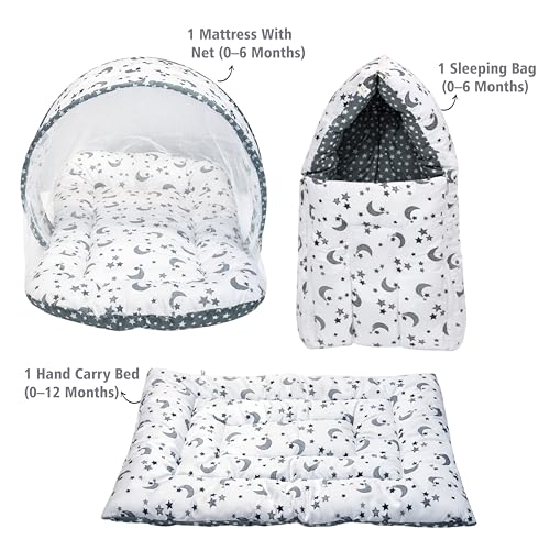 Image of Infantbond Designer Mattress with Net | Baby Sleeping Bag | Carry Bed (0-6 Months) (Moon Grey(N,S))