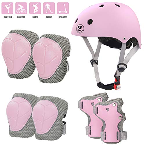 LANOVAGEAR Casco Infantil Set de Protección Casco Ajustable Rodilleras, Coderas y Muñequeras para Patinar Ciclismo Monopatín y Deportes Extremos (Rosado, S)