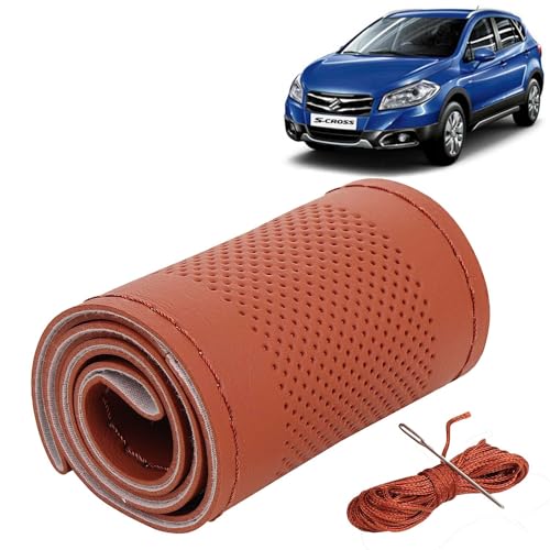 Image of KINGSWAY PU Leatherite Car Steering Cover Sewable Compatible with Maruti Suzuki S Cross (Year 2014-2017), Tan Color with Tan Thread, Pack of 1 with Sewing Needle and Thread