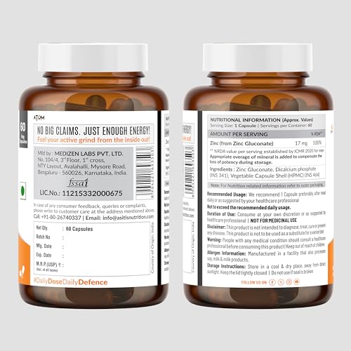 Image of AS-IT-IS Nutrition ATOM Zinc Gluconate 118mg I 17mg Elemental Zinc I 60 Veg Capsules I Energy, Immunity, Skin Health & Antioxidant Support