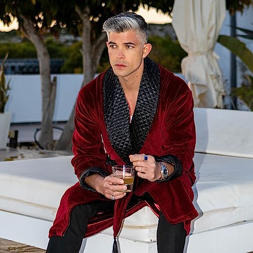 Belgravia Luxury British Cotton Short Velvet Smoking Jacket - Burgundy (XL)3