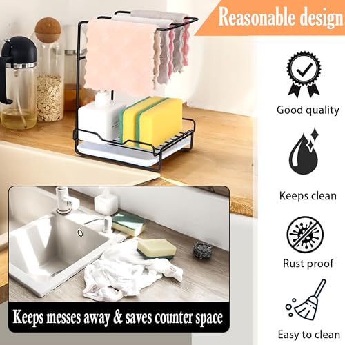 Image of Livzing 2-in-1 Metal Kitchen Sink Organizer & Towel Rack - Metal Sponge & Soap Holder with Drip Tray for Kitchen Sink, Countertop or Wall-Mount Kitchen Storage Rack - Free-Standing Rack
