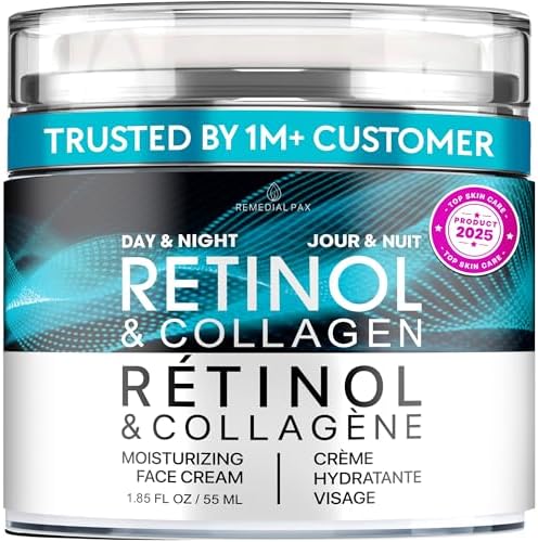Face Moisturizer Retinol Cream, Anti Aging Neck Firming Cream, Collagen Day & Night Face Cream with Hyaluronic Acid for Women & Men, 1.85 Fl Oz