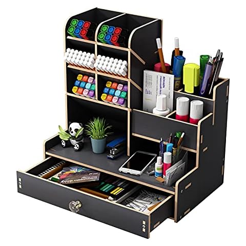 Wooden Desk Organiser DIY Desktop Tidy Pen Holder Large Capacity Stationery Storage Box with Drawer for Home, Office and School (B17 Black) Cover
