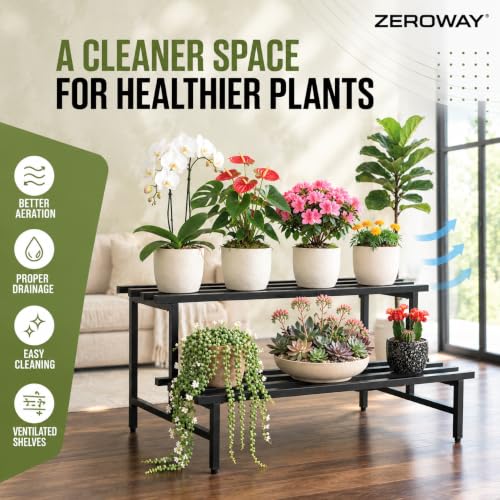 Image of Zeroway 2 Tier Metal Plant Stand | Heavy-Duty Plant Rack with Powder-Coated Metal Frame | Stable 4-Leg Design | Supports Up to 250 kg | Convertible Plant Stand for Balcony, Garden & Office
