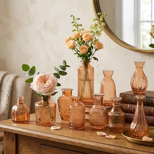 Image of TIED RIBBONS Glass Bud Vases for Flowers - Pack of 10 Antique Glass Centrepiece for Mini Flowers- Antique Collections for Floral Arrangements Home Decorations Item for Home Decor Item