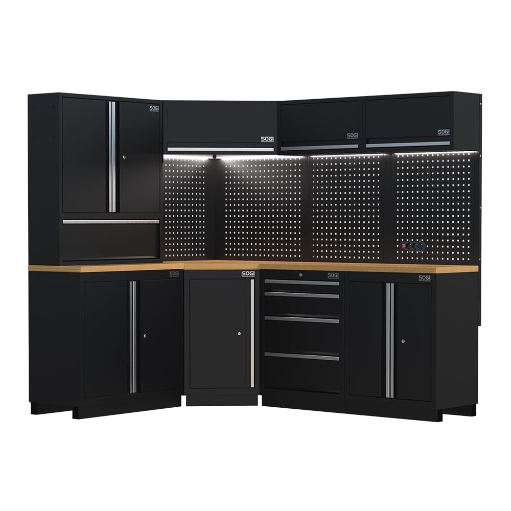 Sogi ARR-OFF-3895-L Arredamento modulare in lamiera per officina e garage - piano in legno - 3895x465x2000 mm