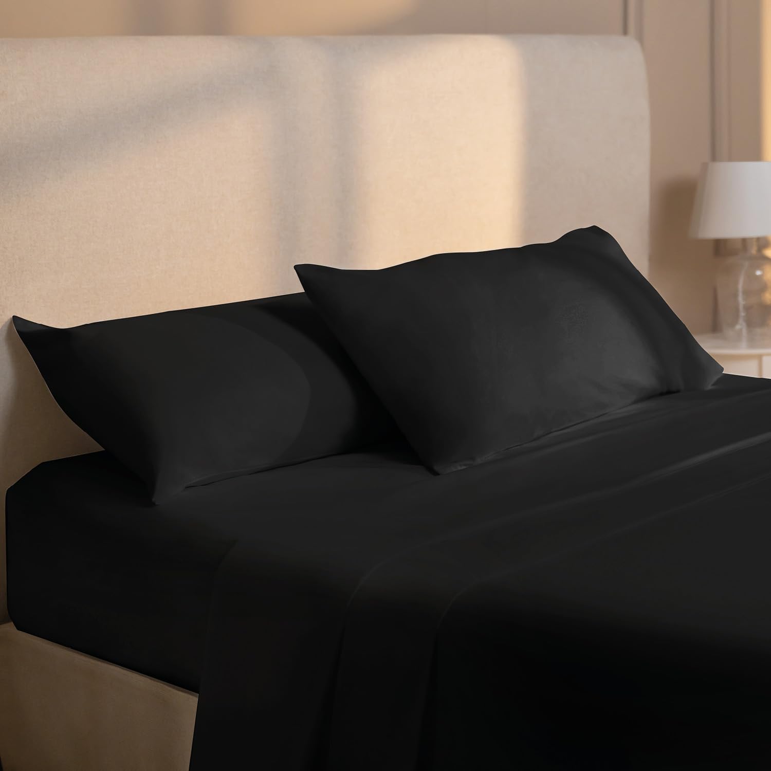 Dreamzie Lenzuola Una Piazza e Mezza 135x190 cm - Completo Lenzuola 4 Pezzi in Microfibre - Lenzuolo con Angoli - Lenzuola Sopra - 2 Federa 50x80 - Lenzuola Una Piazza e Mezza 135x190cm Nero
