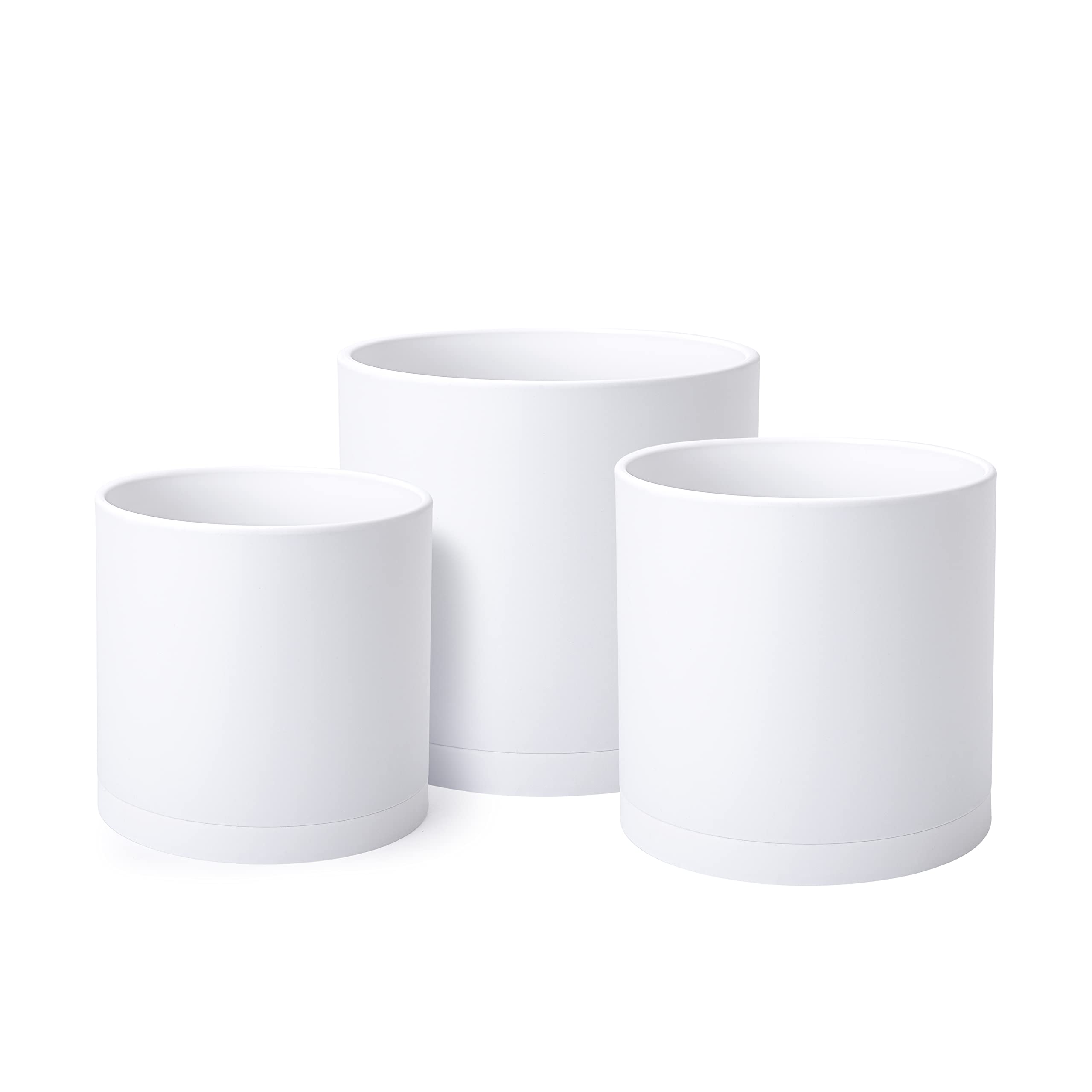 D'vine Dev 6 Inch 6.5 Inch 8 Inch, Set of 3, White Color Planter Pots for Plants with Drainage Hole and Seamless Saucers, Medium, 74-E-M-1