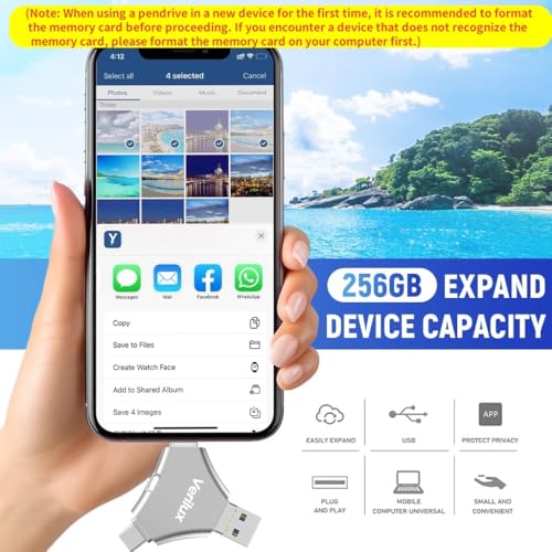 Image of Verilux Pendrive 256GB 4 in 1 Flash Drive with Light-ning, Micro USB, USB A, Type-C Interface Mini Hangable PenDrive for iOS & Android Compatible with iPhone, iPad, Android, PC and More Devices