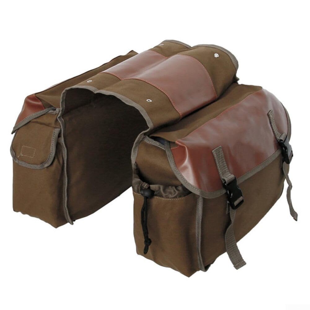 Borsa da bici posteriore in tela con cuciture in pelle, resistente, per pendolari e viaggi, scomparti multipli fissati da chiusura con fibbia (cammello)
