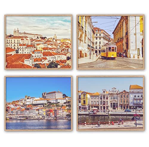 Vintage Vibrant Portugal Photography Photographic Prints, Set of 4, Unframed, Porto, Lisbon, Beach Coastal Art Decor Poster Sign, 8x10 Inches
