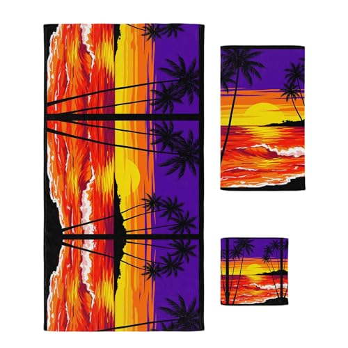 Sunset Beach Bath Towels Set of 3 for Bathroom,Soft Absorbent Shower Beach Hand Face Hair Yoga Workout Gym Towel Dish Wahcloth,Coastal Tropical Palm Tree Seaside Quick Dry Bath Towels+Set for Kitchen