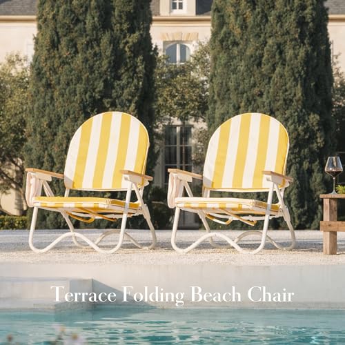 Image of Padded Low Beach Chair, 4-Position Folding Outdoor Chair with Wooden Armrests, Cushioned Seat, Storage Pouch & Carry Strap for Beach, Patio and Lawn, Cala Serena Ochre Stripe