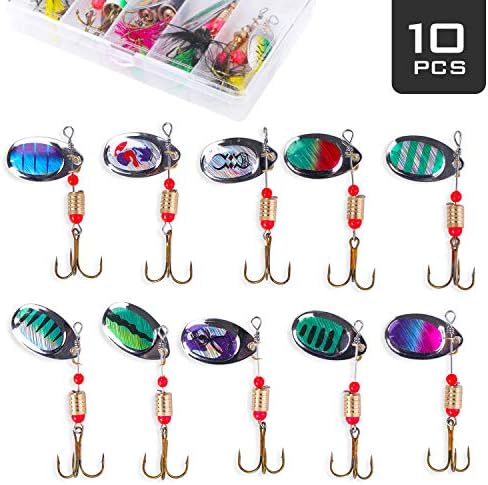 Akataka Fishing Lures Spinner Baits 10Pcs, Bass Trout Salmon Hard Metal Baits Fishing Lure Kit Set, Freshwater Saltwater Fishing Lures with Tackle Box