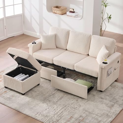 PUGSDRLY Sofá esquinero Places 194 x 73 x 81 cm, sofá modular con puerto USB-C,iluminación LED ajustable, taburete de almacenamiento móvil, portavasos, para salón, dormitorio, oficina (Beige)