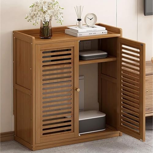 Gabinete de bambú con WiFi y estantes ajustables, elegante caja oculta para enrutador y módem, muebles independientes para dormitorio y sala de estar, color marrón (67 cm)