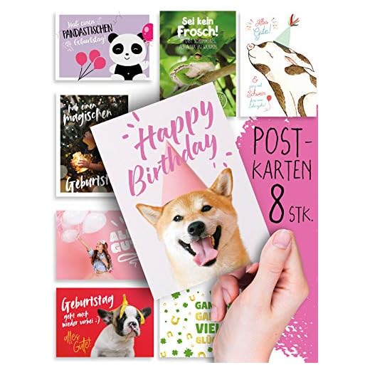 Födelsedag: 8 söta post-kort set nr 1 | söta bilder/motiv | ordspråk/texter | Grattis | Kartmix | Present | Djur | Vacker | Ordspråk | Kärlek | Julkort | Dekoration | DIN A6