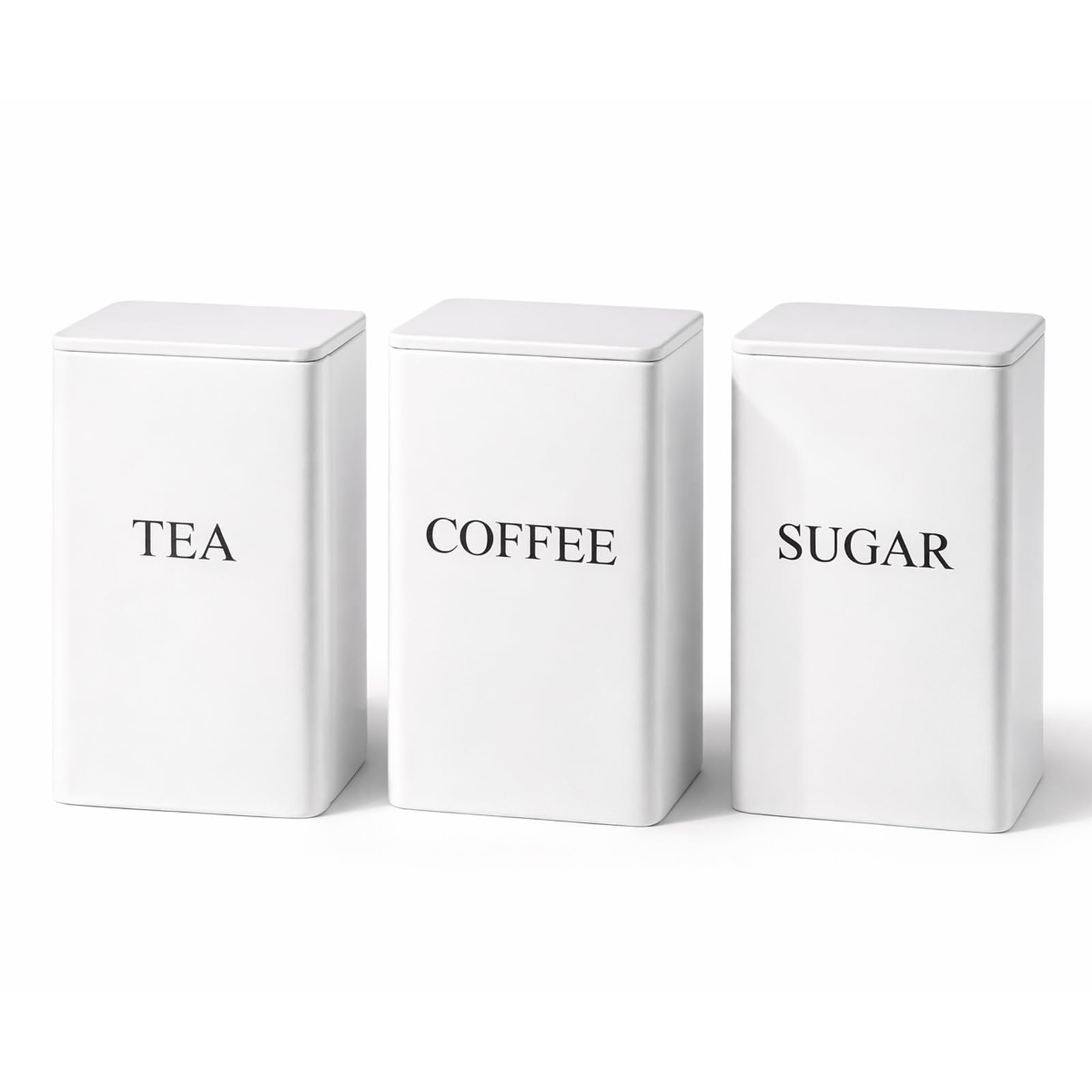 SUNNYNEST Tea Coffee Sugar Canisters Set of 3, Metal Airtight Storage Jars with Clip Lids, Modern Kitchen Canister Set for Coffee, Sugar, Tea & Dry Food, Countertop Storage (White)