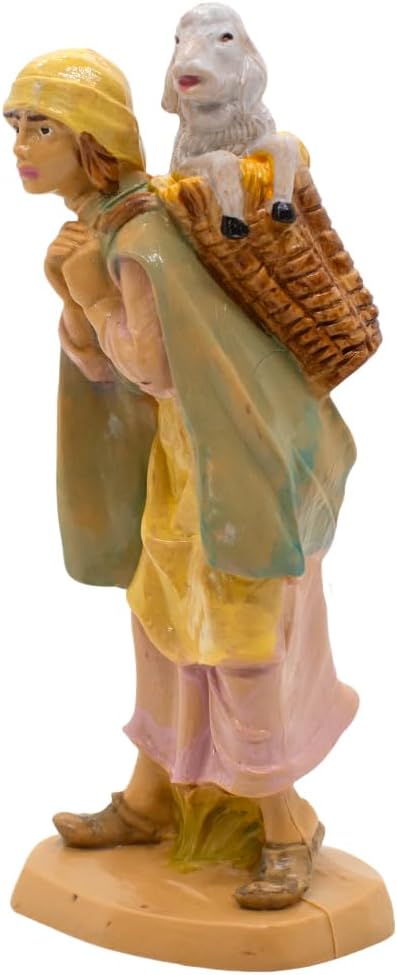 VILLAGE GIFT IMPORTERS Nativity Villager Carrying a Lamb in a Basket | Shepherd Figurine for Bethlehem Creche Scene | Indoor Table Top Statue for Christmas Holiday | Made in Italy