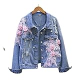 LILUOZSH Jeansjacke Für Damen - Frühling Herbst Jeansjacke Bestickte Blumen Loch Cowboy Oberbekleidung Kausal Damen Demin Mantel Mode Langarm - Perfekte Jeansjacken Für Damen,Blau,XXL