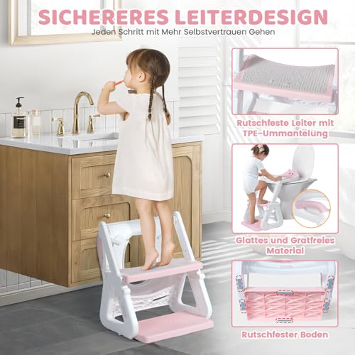 Orzbow Toilettensitz Kinder mit Treppe, Stabil Kinder Toilettensitz mit Dreiecksstruktur, Verlängerter Pedal- und Spritzschutz und Wasserdichtes PVC-Polster, Rutschfest und Faltbar, Rosa