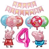 🎉 Contenido del Juego: 1 XXL globo de papel de aluminio número 4, 2 globo de papel de aluminio con forma de cerdo, 6 globos redondos de papel de aluminio, 1 juego de pancartas feliz cumpleaños, 1 rollo de cinta blanca y 1 pajita.