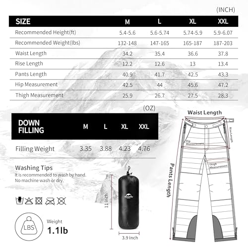 Image of Naturehike Side Zipper Down Pants, Men's Women's Winter Snow Ski Pants, Windproof Warm Insulated Puffy Trousers