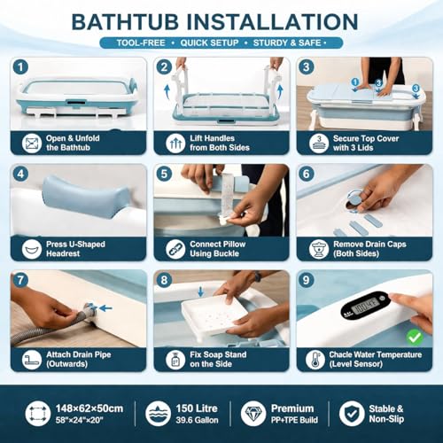 Image of Hukimoyo 6 Feet Bathtub for Adults (148x62x50 cm) Foldable with Temperature Meter & Bath Pillow Portable bath tub for Bathtroom Spa Tub Home Freestanding Hot & Ice Bath For Adults