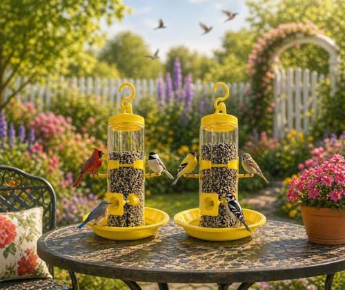 Image of PuraMart Hanging Bird Feeder for Garden, Balcony (1 Litre) | Bird Food Dispenser | 4 Feeding Ports | 360 Perch | Weatherproof Bird Feeding Station | Indoor & Outdoor Use (Feeder(Pack of 2))