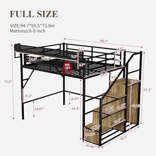 Image of Full Size Metal Loft Bed with Storage Stairs, Wardrobe & Charging Station | Storage Shelve,Convertible Staircase,LED Lights, Solid Wood Stairs, Safety Guardrail, Noise-Free, No Box Spring Needed