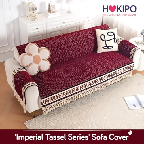 Image of HOKIPO 'Imperial Tassel Series' Thick & Soft Chenille Jacquard Sofa Cover 3 Seater Set for Seat, Back & Arms with Tassels, Royal Red (IN-1011 + IN-1012-I3*2)