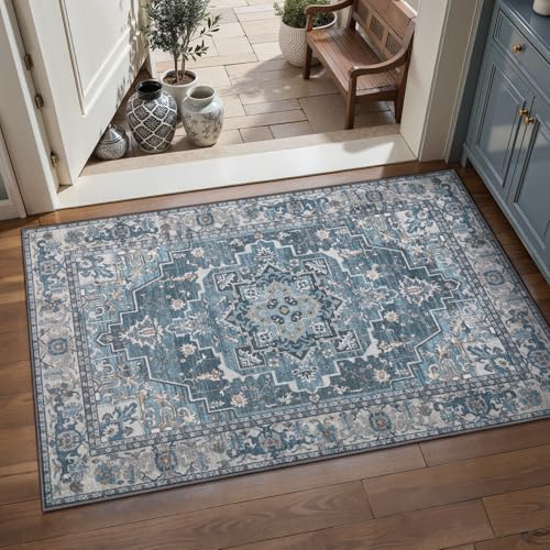 Image of Vintage Small Area Rugs for Entryway, Non Slip 2x3 Washable Rug Blue Grey
