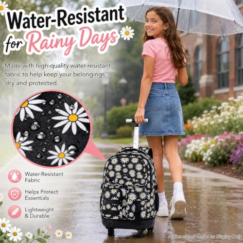 Image of CCJPX Rolling Backpack for Girls, 3Pcs Roller Wheeled School Bookbag, Daisy Wheels Backpacks with Lunch Box for Kids (Black)