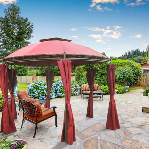 Auraway 11.5' Round Outdoor Gazebo with Curtains, Double Roof Design,