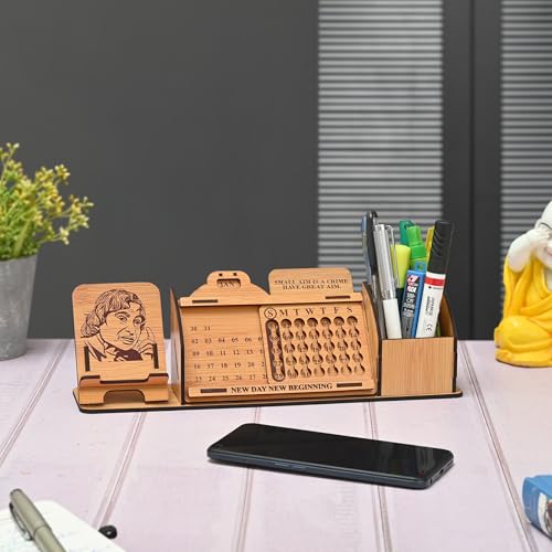 Image of Gift Kya De Wooden Desk Organizer with Desk Calendar, Mobile Holder & Pen Stand | APJ Abdul Kalam Printed Quote & Design | Office Table Decor Gift | Made in India (Eco Friendly)