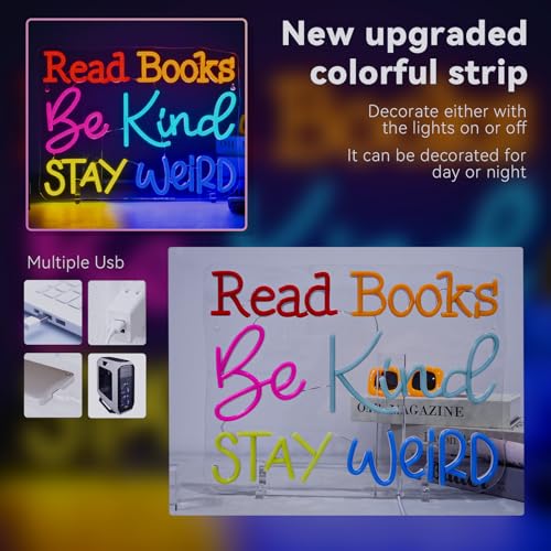 Image of Ineonlife Read Books Be Kind Stay Weird Neon Sign Classroom Neon Lights Girls Club For Wall Decor Colorful Light Up Sign For Boys Bedroom Living Room Bookstore Library Bookish Decoration Teen Gifts