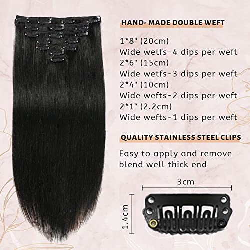 Clip In Hair Extensions Real Human Hair For Women 20Inch 7Pcs Black Hair Extensions 70G 100% Remy Virgin Human Hair Clip In Extensions Double Weft Clips Straight Soft Hair No Tangles #TOP1