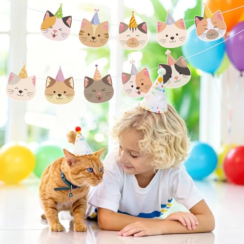Image of Hooqict Happy Birthday Banner Cat Birthday Decorations Party Banner Garland Sign for Girls Kids 1st 2nd 3rd Funny Cat Themed Birthday Party Decorations Supplies