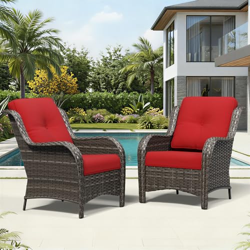 Image of Joyside Patio Chairs Set of 2, Wicker Patio Furniture with High Back, Deep Seating, Wide Armrest, Thickened Cushions, Outdoor Rattan Furniture for Deck, Porch Use