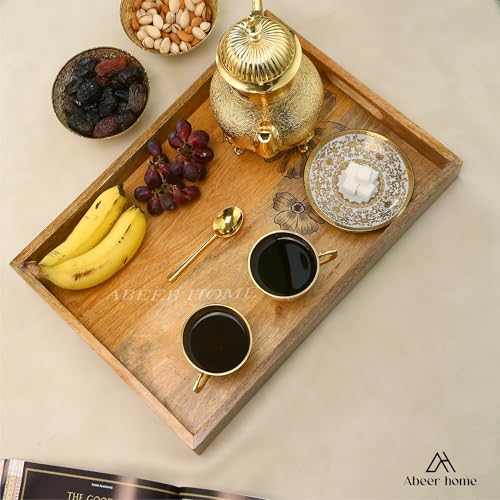 Image of Wooden Serving Tray - 18 x 12 Inches | Minimal Light Brown Finished with Raised Edges | Durable Mango Wood Breakfast Tray | Wooden Serveware Trays for Tea, Snacks & Sweets, Home & Dining
