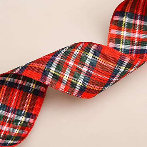 XNHIU 20 Yards Tartan Ribbon - Red Classic Royal Stewart Christmas Ribbon (25mm), Red, Green - Image 3