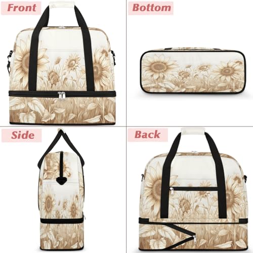 Travel Duffel Bags Vintage Sunflower Prints Foldable Weekender Bags for Women with Shoes Compartment Waterproof & Tear Resistant Carry on Overnight Luggage Duffel Bag Shoulder Sports Tote Bag3