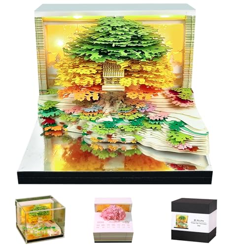 RSLIPIN 3D Memo Pad Time Piece Calendar 2026 3D Art Calendar 2026 Creative Paper Sculpture Flower Sea and Tree Island Rip Away Calendar Notes